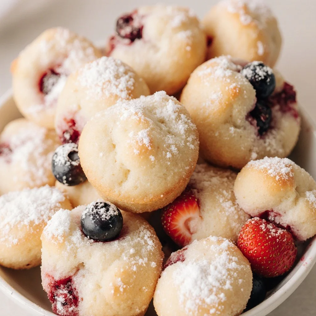 Delicious berry protein pancake bites served on a plate with fresh berries.