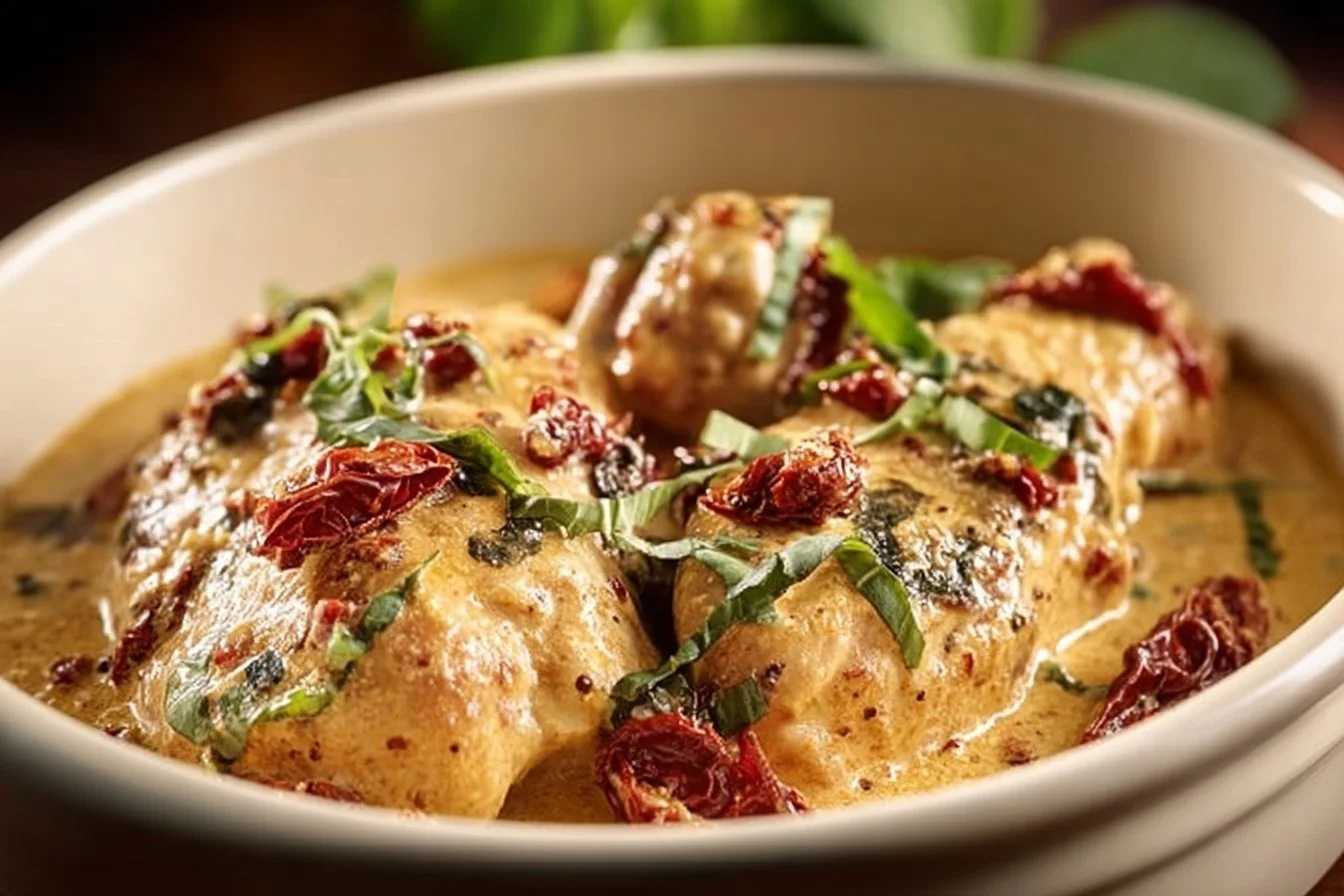 Delicious Crock Pot Marry Me Chicken served on a plate with herbs and vegetables.