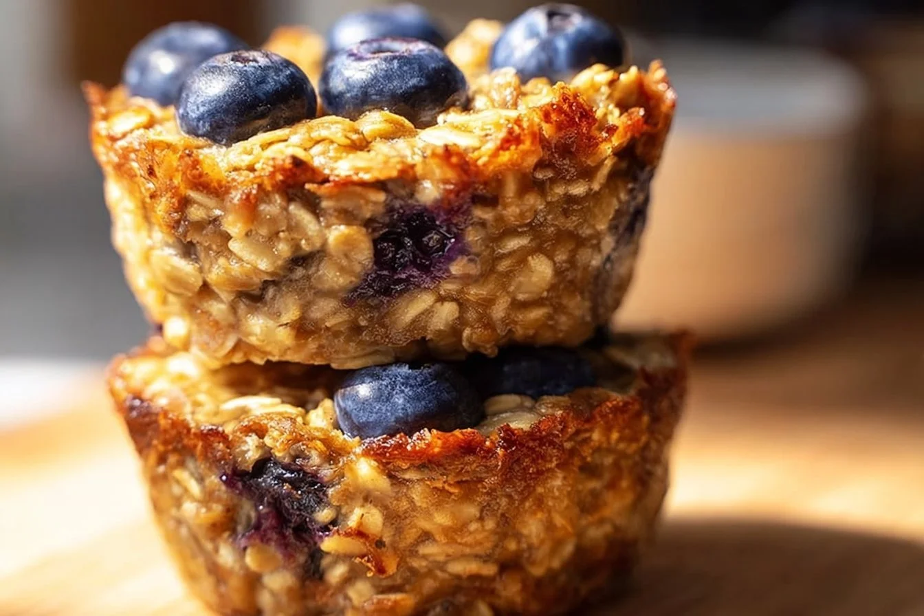 Blueberry banana baked oatmeal cups served in a white bowl with fresh berries.