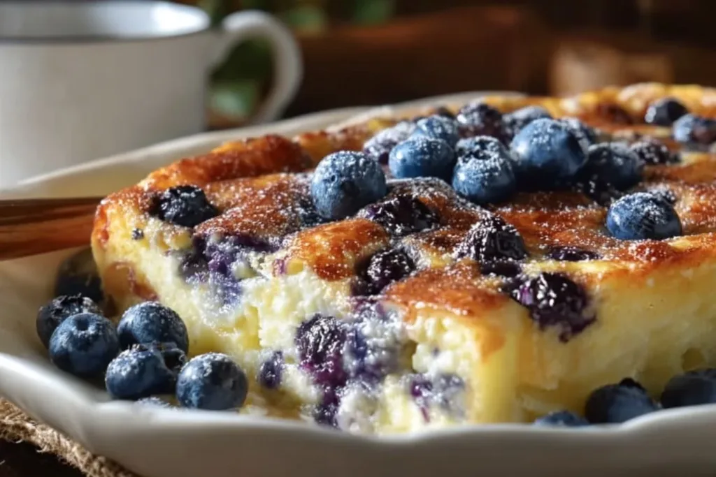 Delicious Blueberry Cottage Cheese Breakfast Bake served in a baking dish