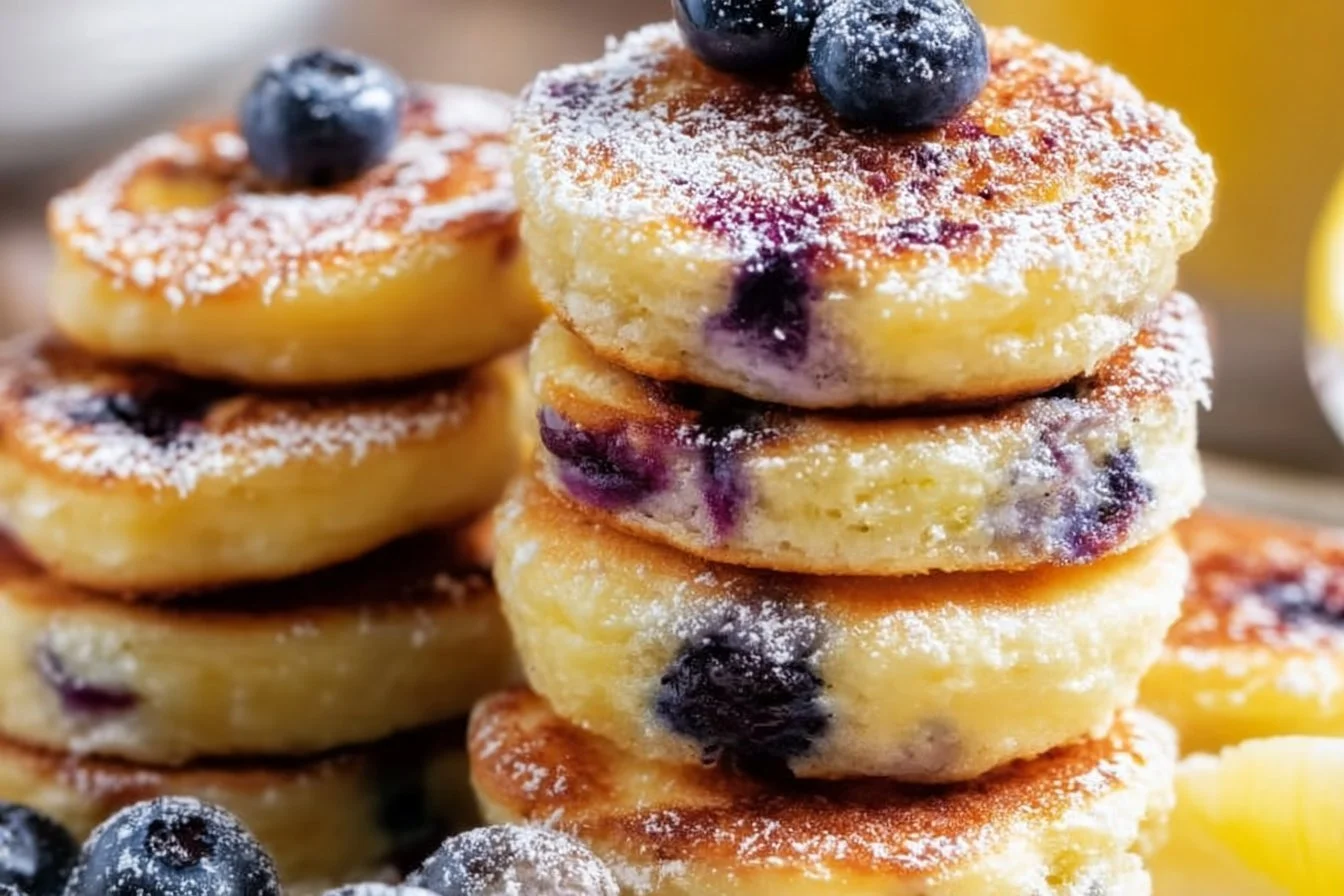 Delicious blueberry lemon pancake bites on a plate with fresh blueberries and lemon zest.