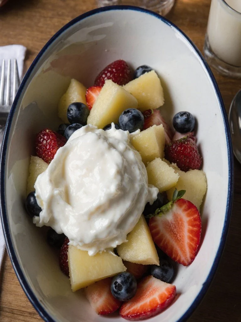 Colorful breakfast fruit salad with assorted fresh fruits in a bowl