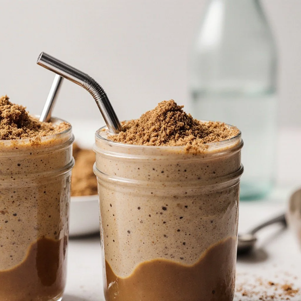 Brown Sugar Shaken Espresso Overnight Oats overnight oats Delicious Brown Sugar Shaken Espresso Overnight Oats in a jar, topped with coffee beans.