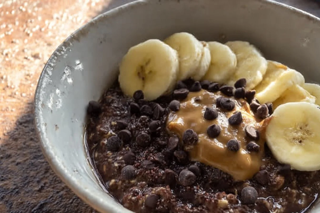 Bowl of chocolate oatmeal topped with fresh fruit and nuts