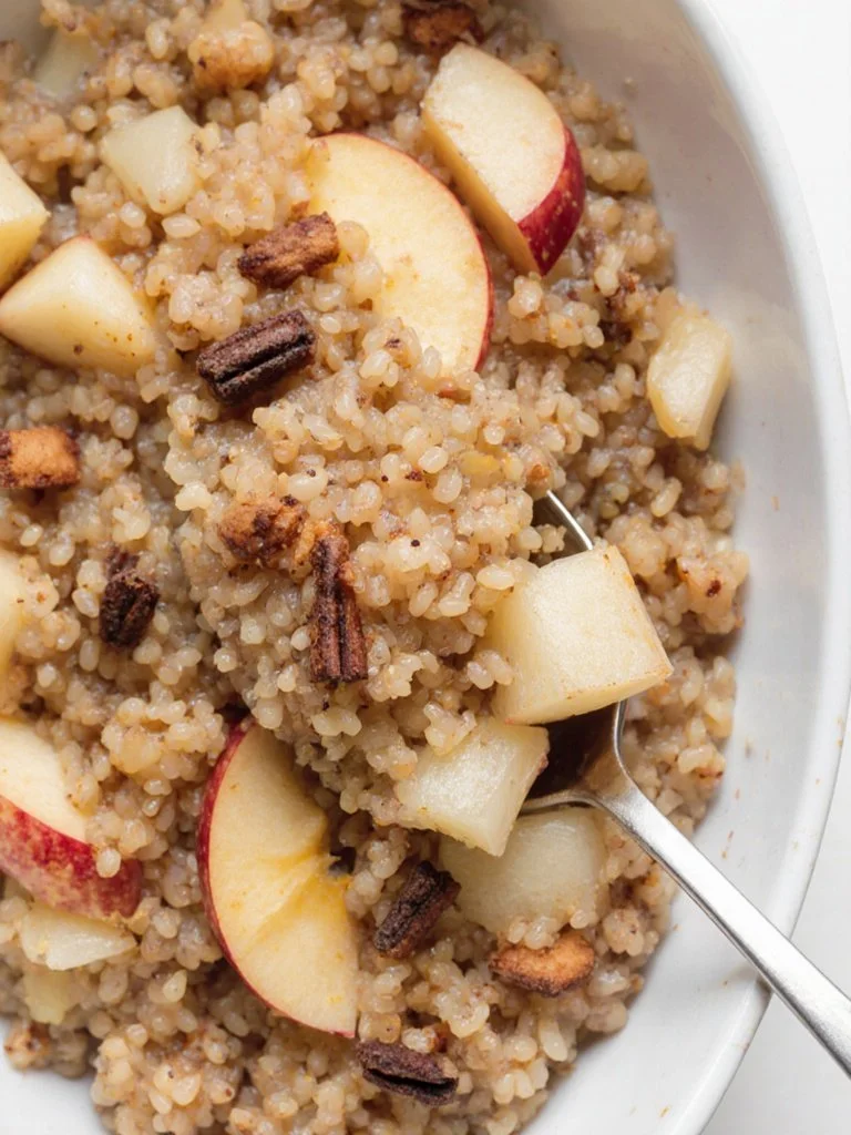 Bowl of Cinnamon Apple Breakfast Quinoa with apples and cinnamon topping
