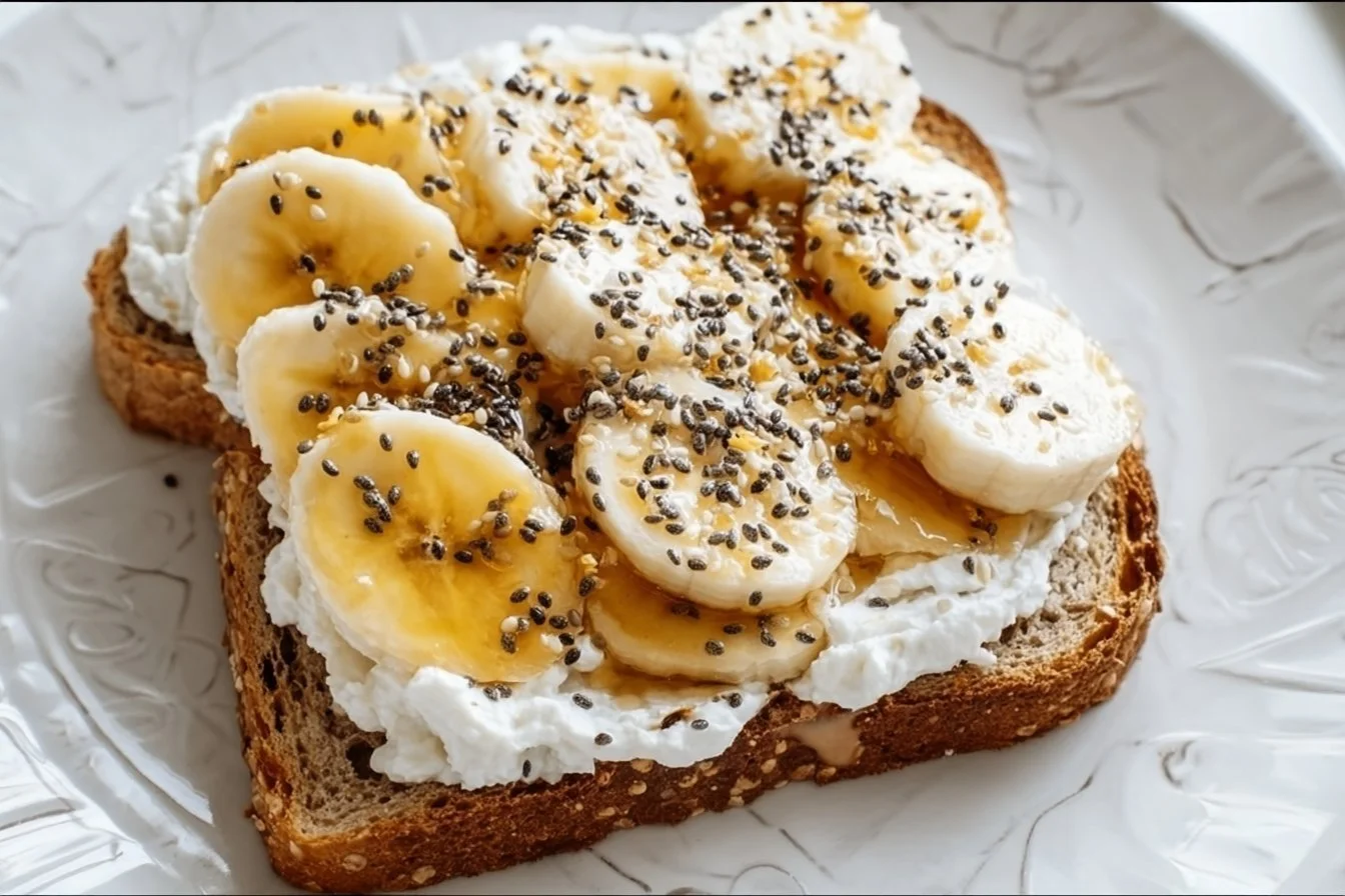 Cottage Cheese Toast with Banana cottage cheese toast Cottage cheese toast topped with banana slices and drizzled with honey