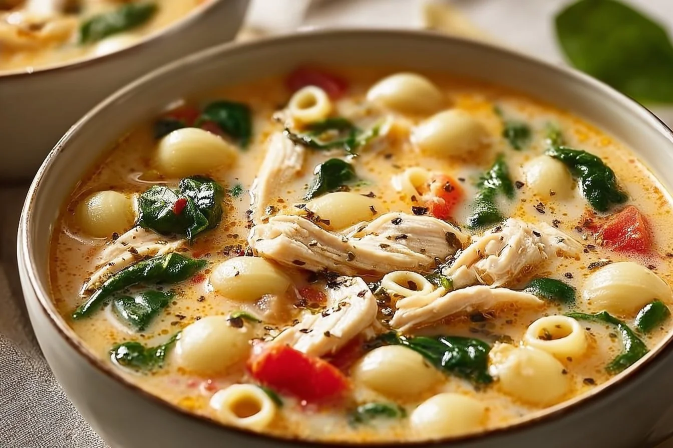 Creamy Marry Me Chicken Soup garnished with herbs in a bowl.
