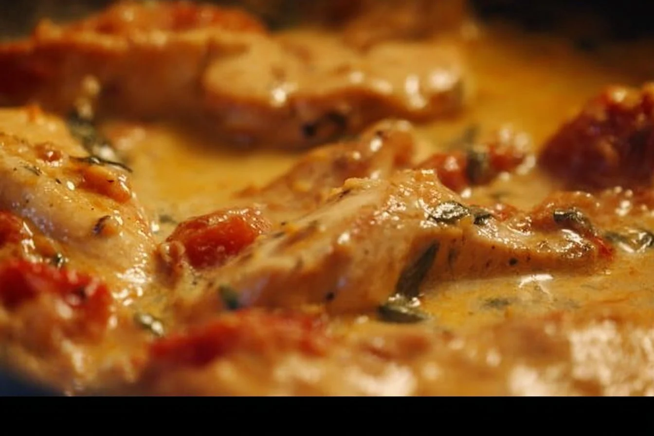 Creamy sun dried tomato chicken dish garnished with herbs