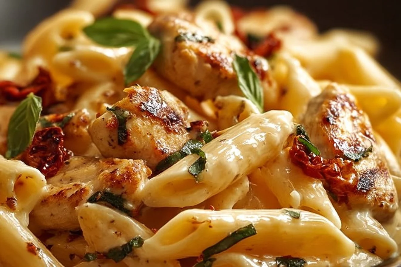 Creamy sun-dried tomato marry me chicken pasta dish on a plate