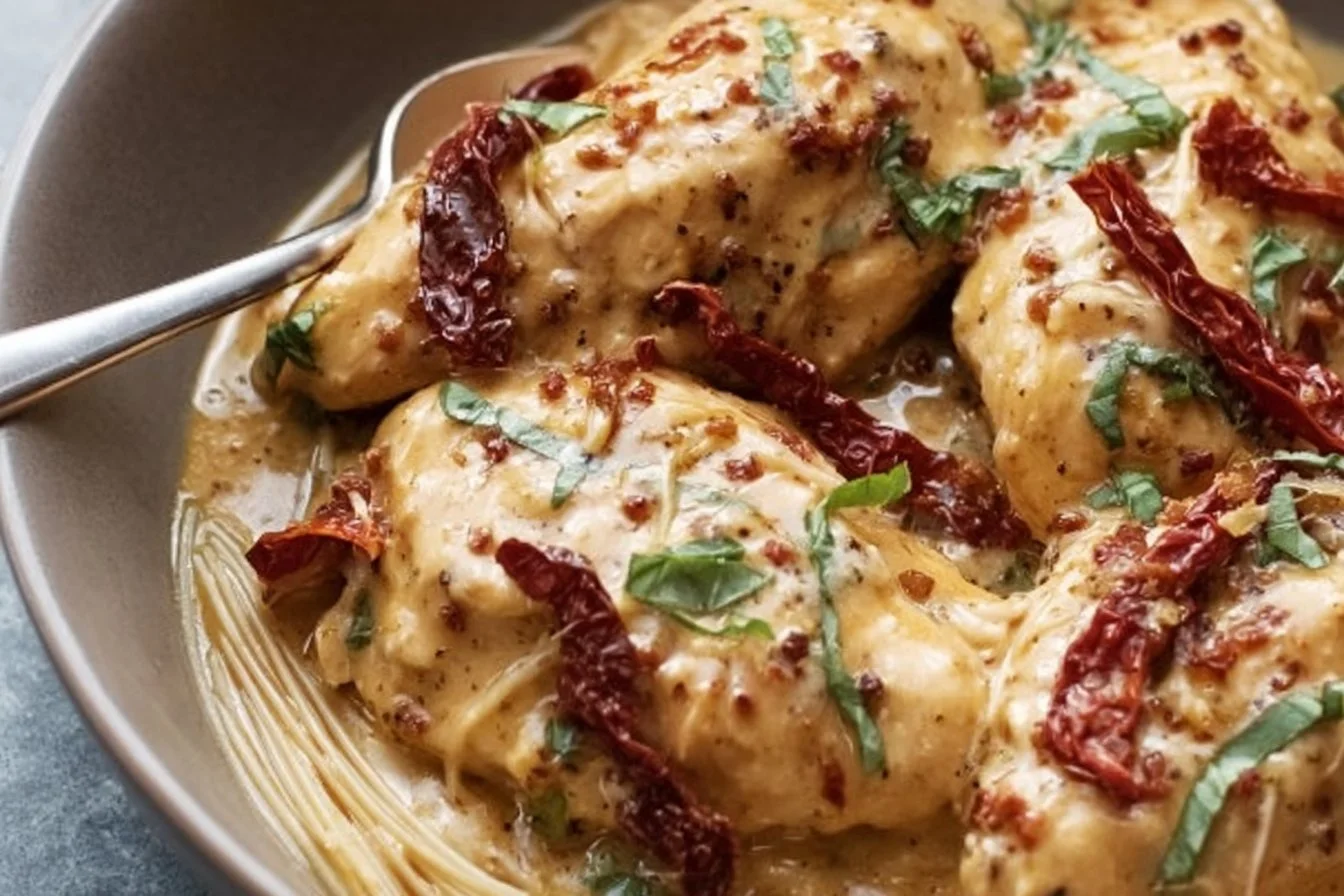 Crock Pot Marry Me Chicken served with herbs and spices on a white plate