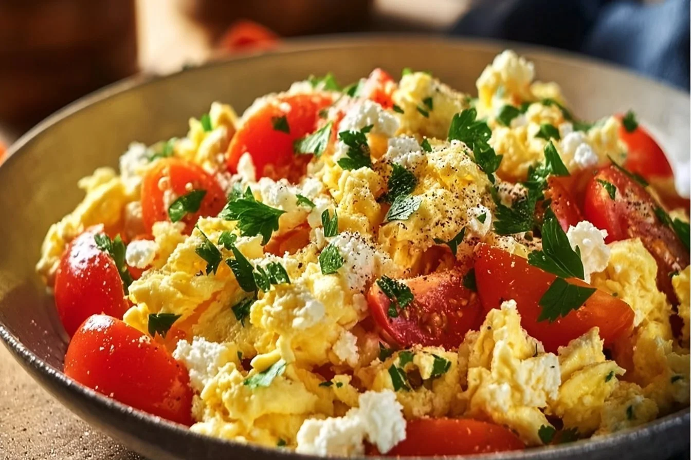 Plate of vibrant Mediterranean scrambled eggs with vegetables and herbs