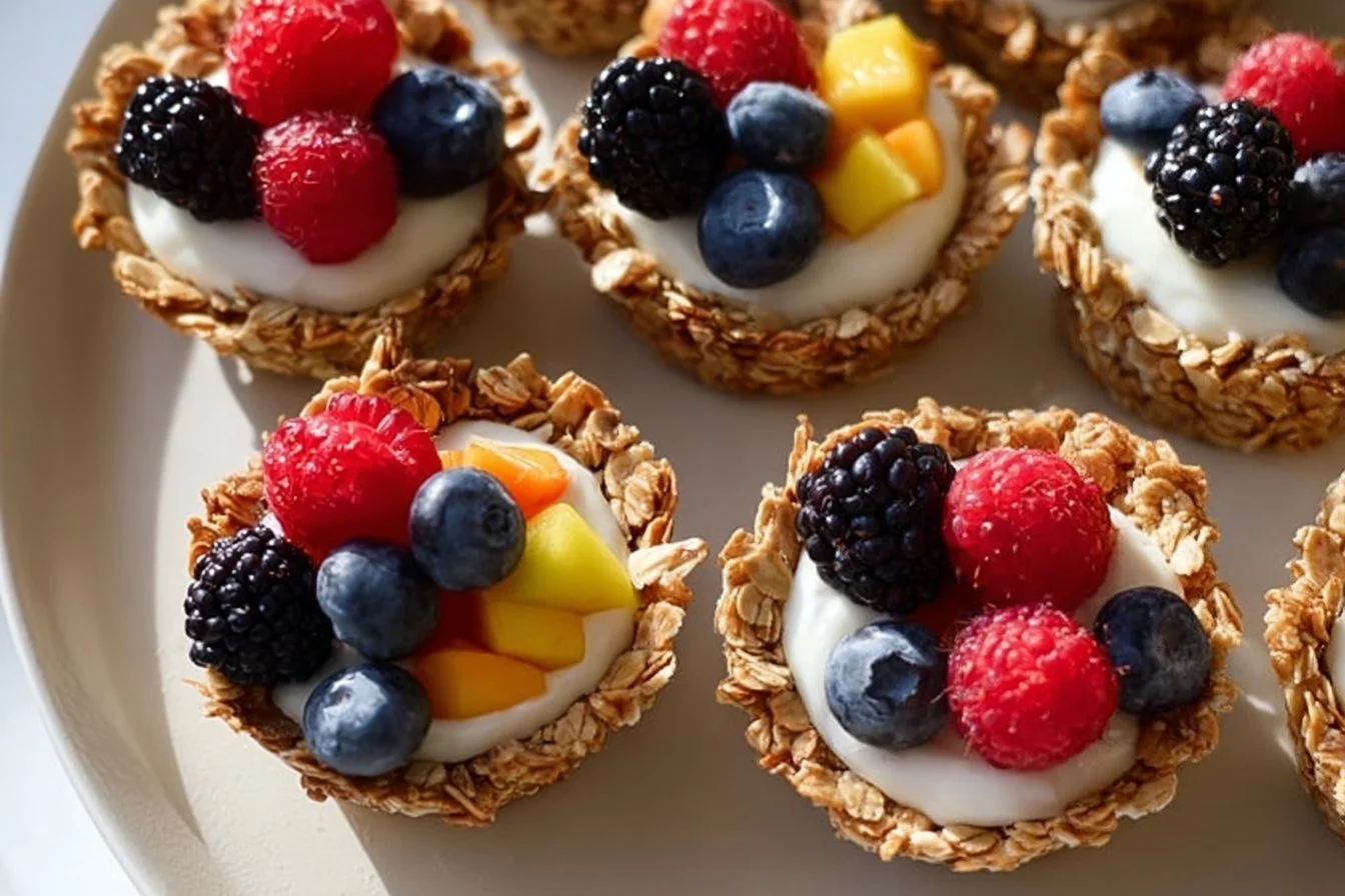 Easy Healthy Breakfast Granola Cups granola cups Delicious healthy granola cups stacked on a plate for breakfast