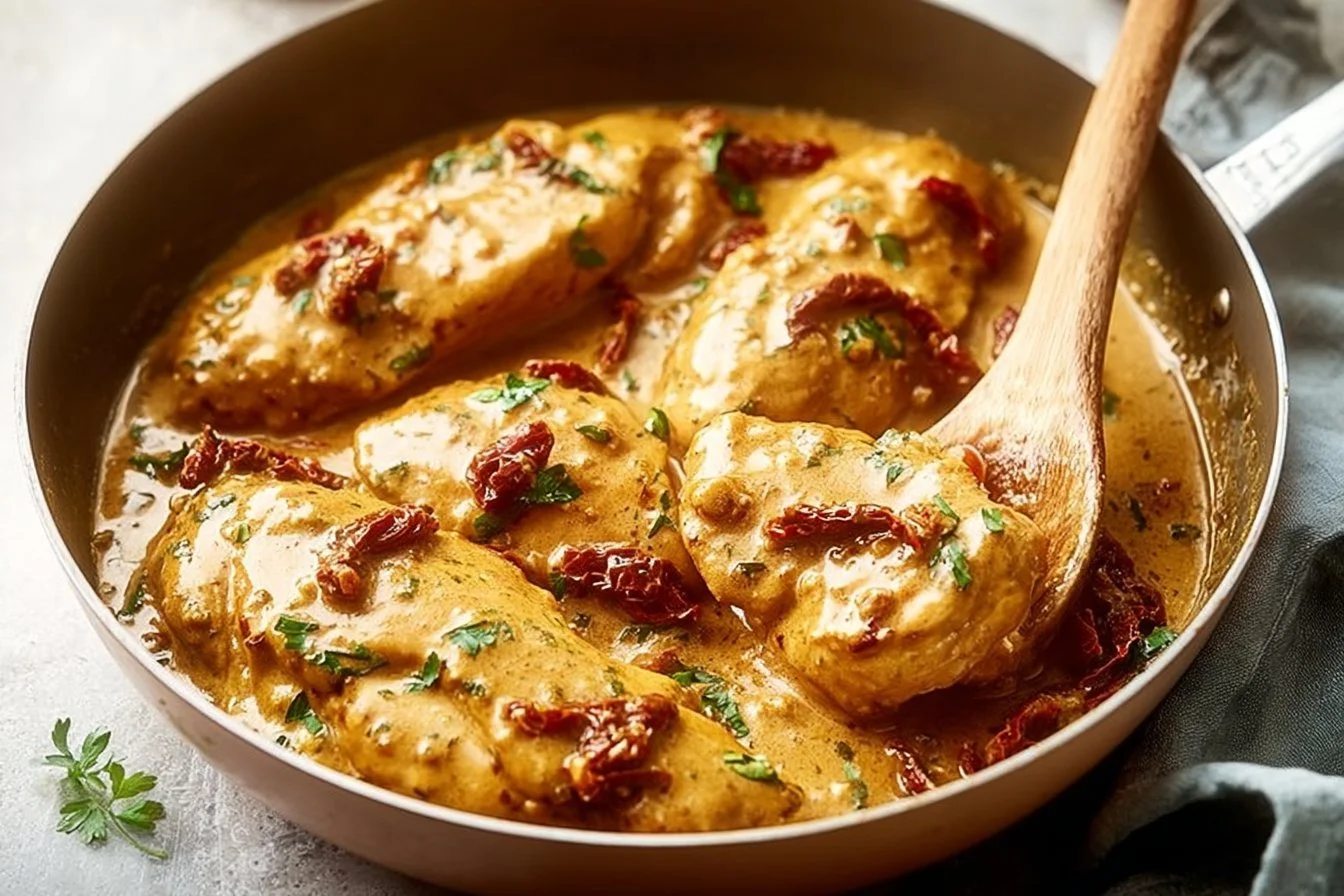 Delicious Easy Marry Me Chicken served on a plate with herbs and sauce.