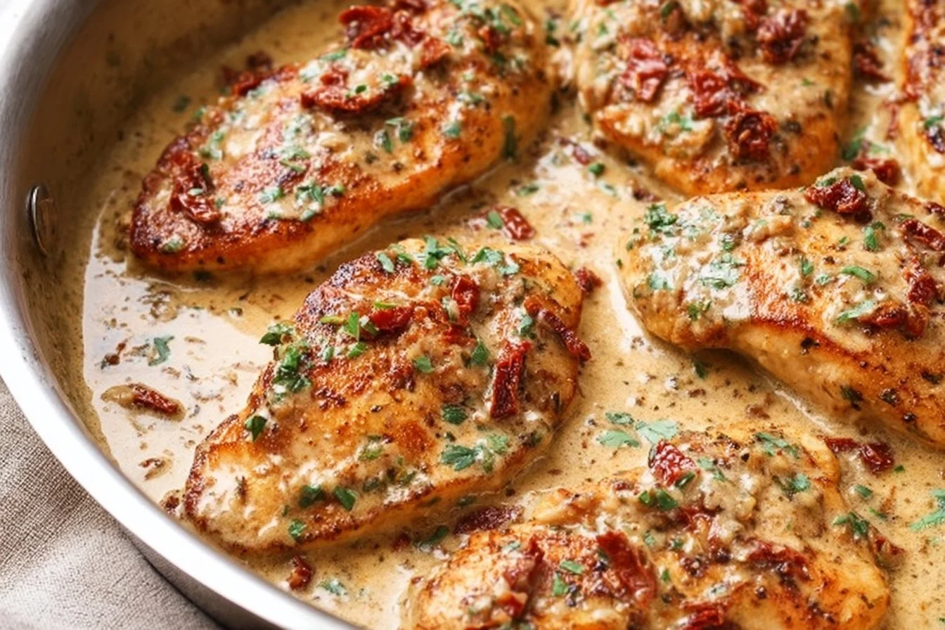 Easy Marry Me Chicken recipe served on a plate with herbs and cream sauce