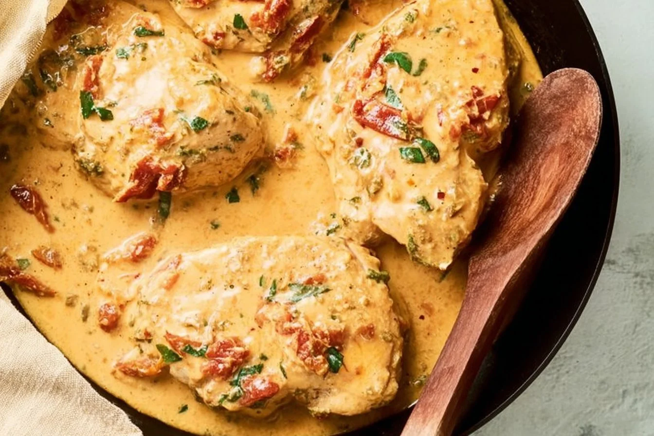 Delicious Marry Me Chicken recipe ready to serve with herbs and creamy sauce.