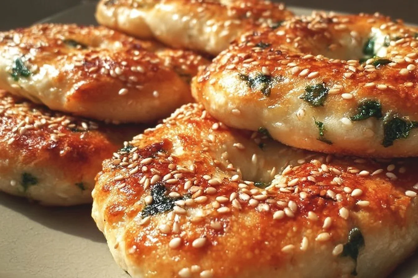 Healthy spinach cottage cheese flat bagels topped with herbs and spices