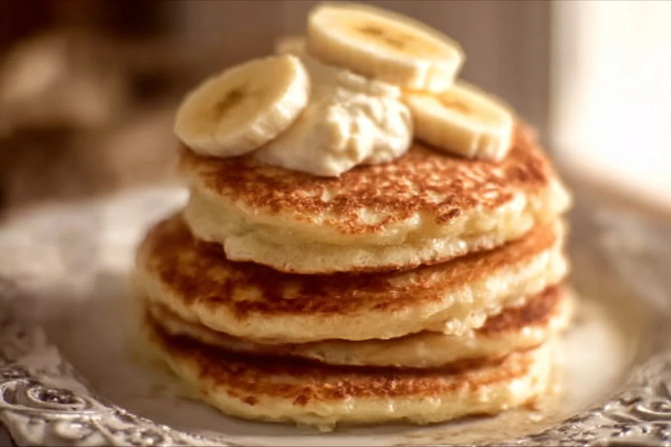 Fluffy banana cottage cheese pancakes stacked on a plate