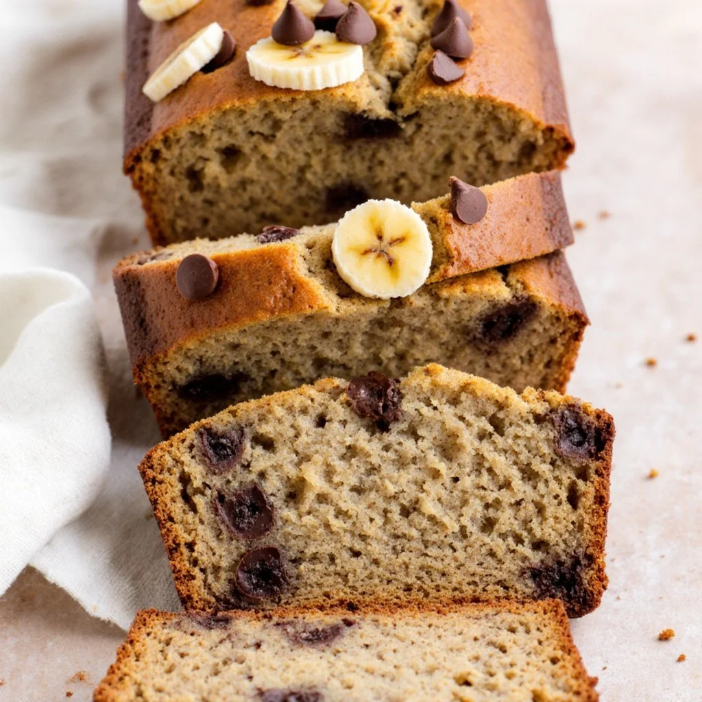 Slice of Greek Yogurt Banana Bread topped with banana slices and walnuts