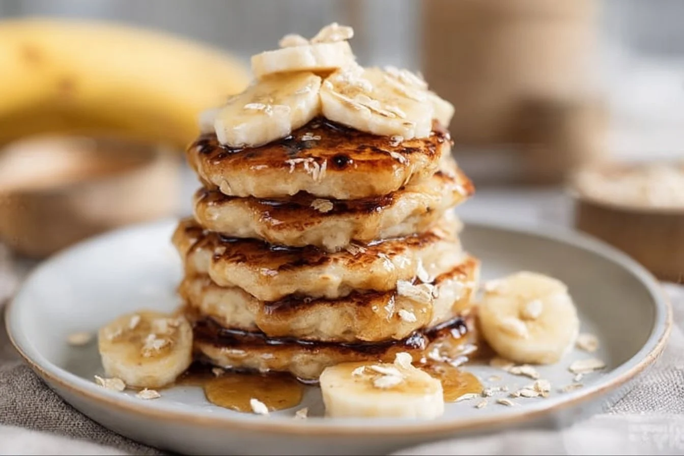 Delicious healthy banana oatmeal pancakes stacked on a plate.