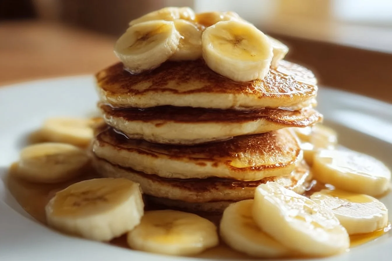 Healthy blueberry yogurt pancakes stacked on a plate with fresh blueberries.