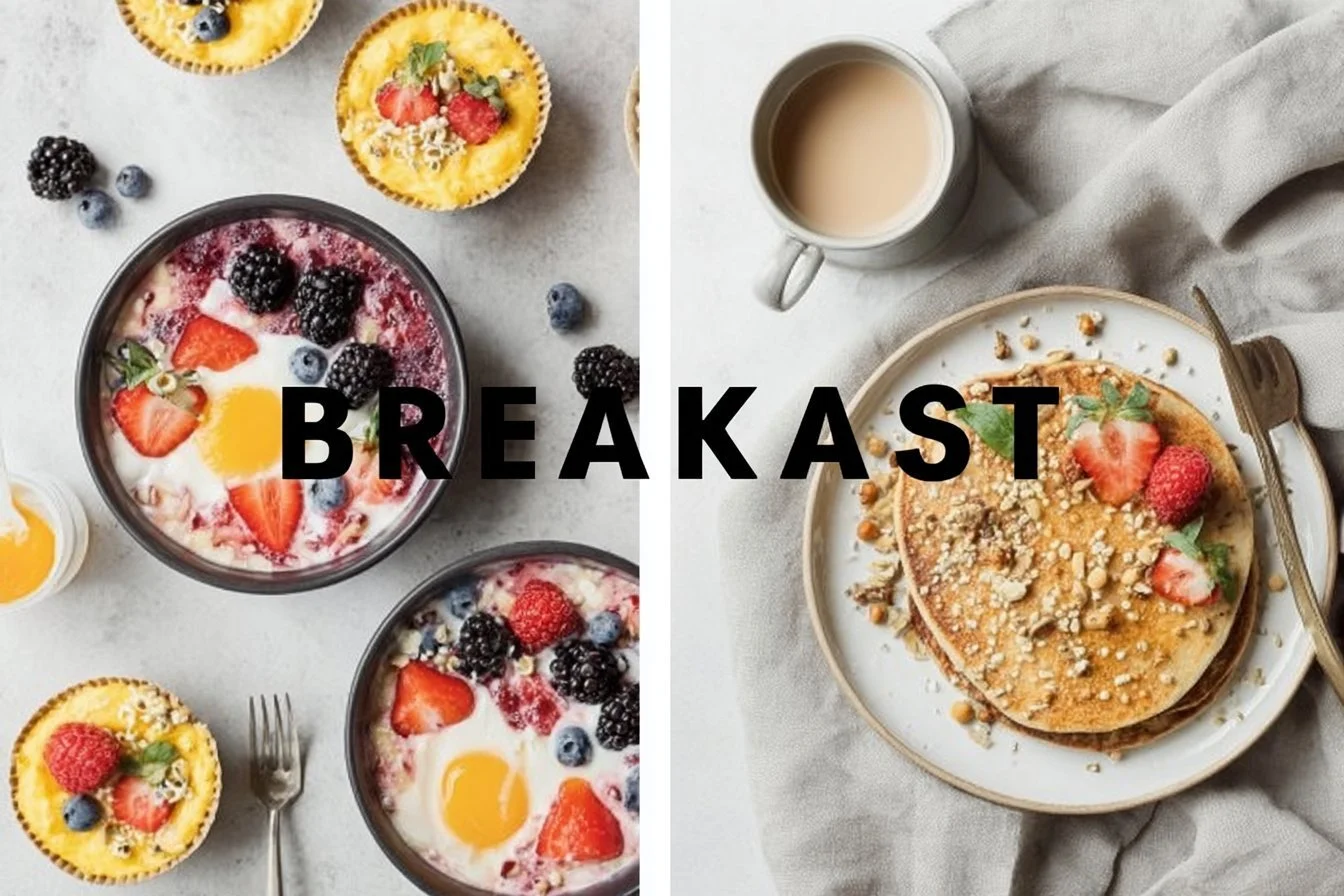 Variety of healthy breakfast ideas including smoothies, oatmeal, and fruit salad