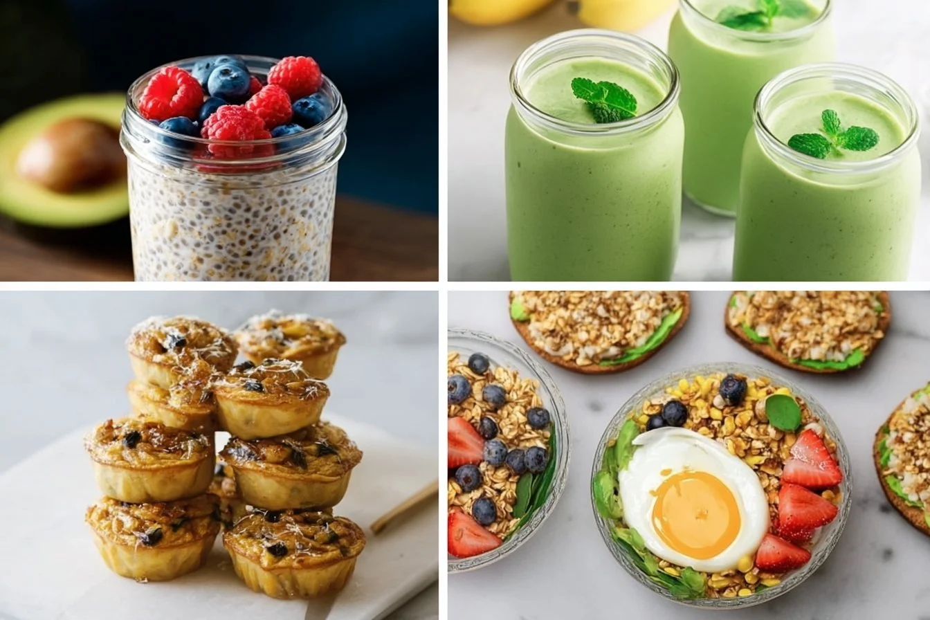 Healthy breakfast ideas trio featuring smoothie, oatmeal, and avocado toast.