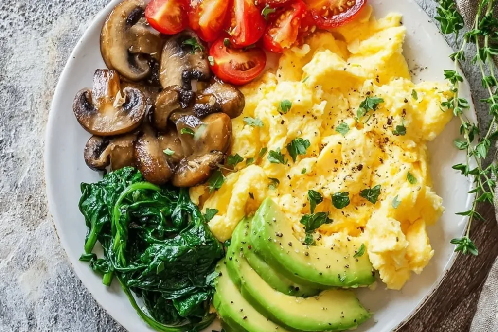 Healthy breakfast plate with creamy eggs, vegetables, and whole grains