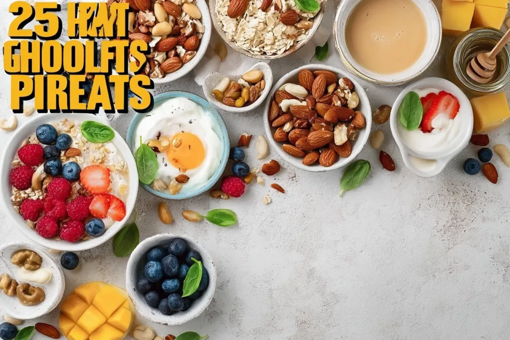 Variety of healthy protein-packed breakfasts including smoothie bowls and omelets.