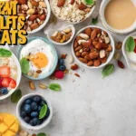 Variety of healthy protein-packed breakfasts including smoothie bowls and omelets.