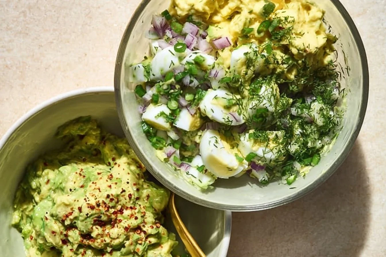 Herby Avocado Egg Salad avocado egg salad Herby avocado egg salad in a bowl garnished with fresh herbs