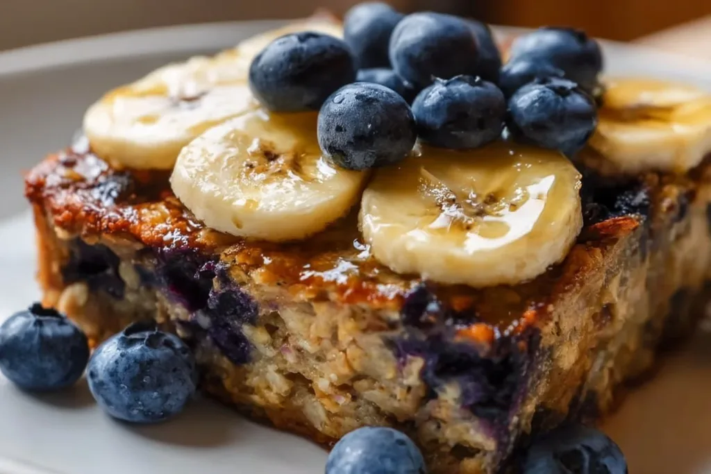 Delicious high protein banana blueberry breakfast bake slice on a plate