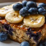 Delicious high protein banana blueberry breakfast bake slice on a plate