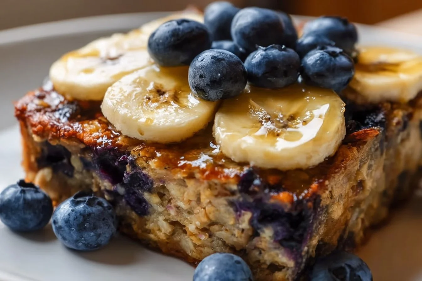 Delicious high protein banana blueberry breakfast bake slice on a plate