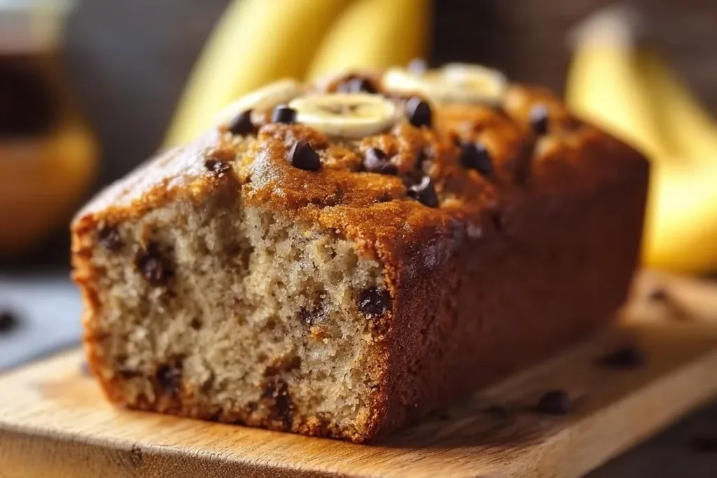 High protein banana bread loaf on a kitchen counter, garnished with banana slices.