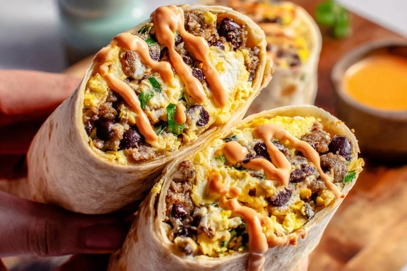 High-protein breakfast burrito filled with eggs, veggies, and cheese
