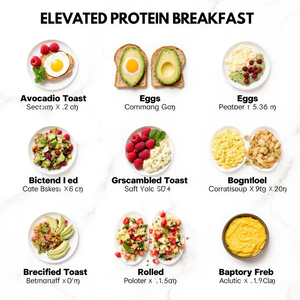Variety of high-protein breakfast dishes including eggs, yogurt, and smoothies.