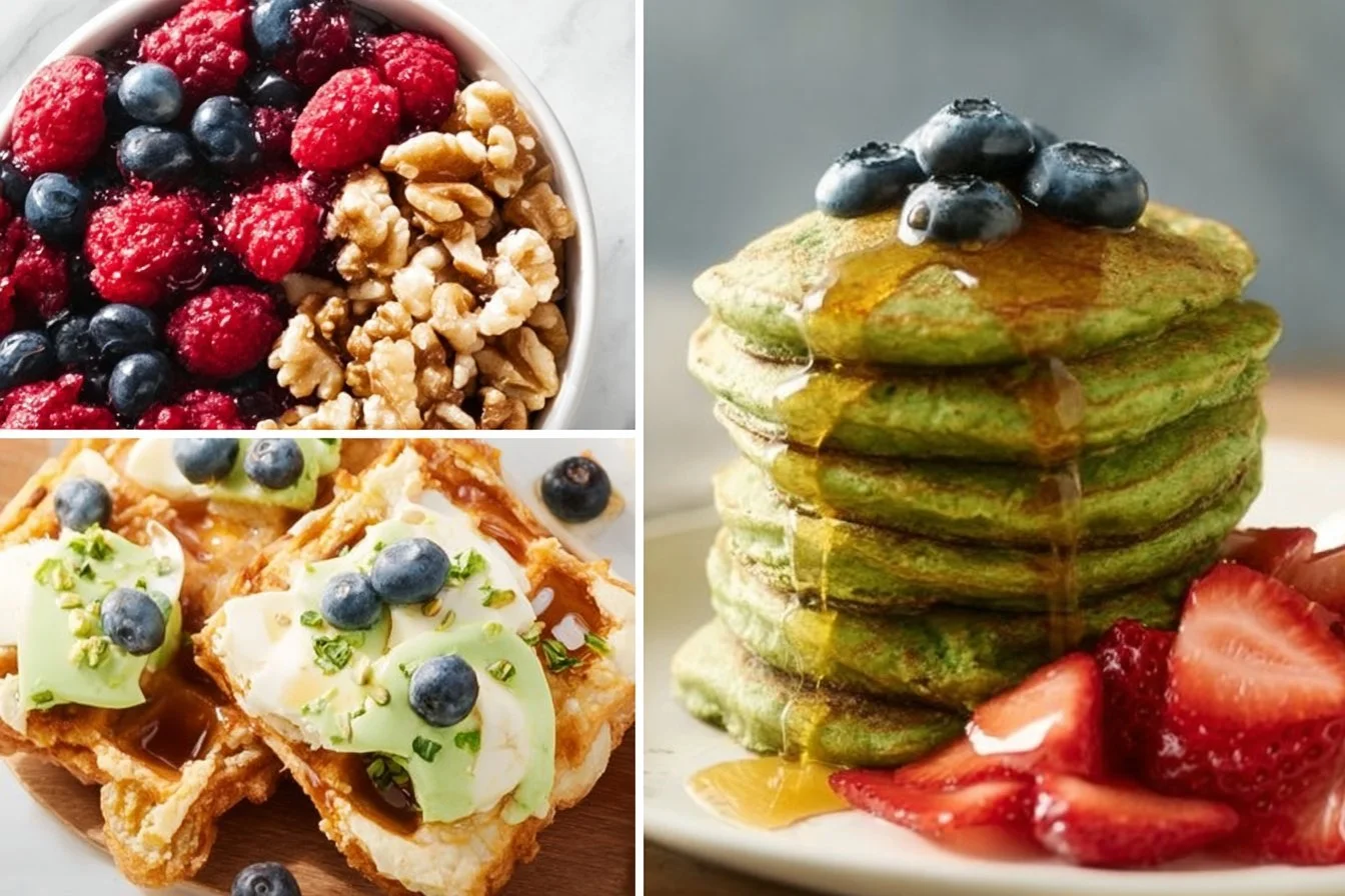 High-protein breakfast dishes including eggs, yogurt, and smoothies.