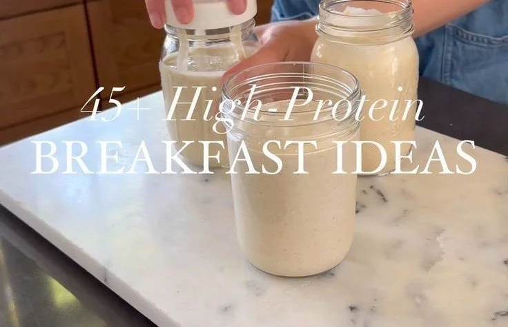 variety of high-protein breakfast options including eggs, yogurt, and smoothies