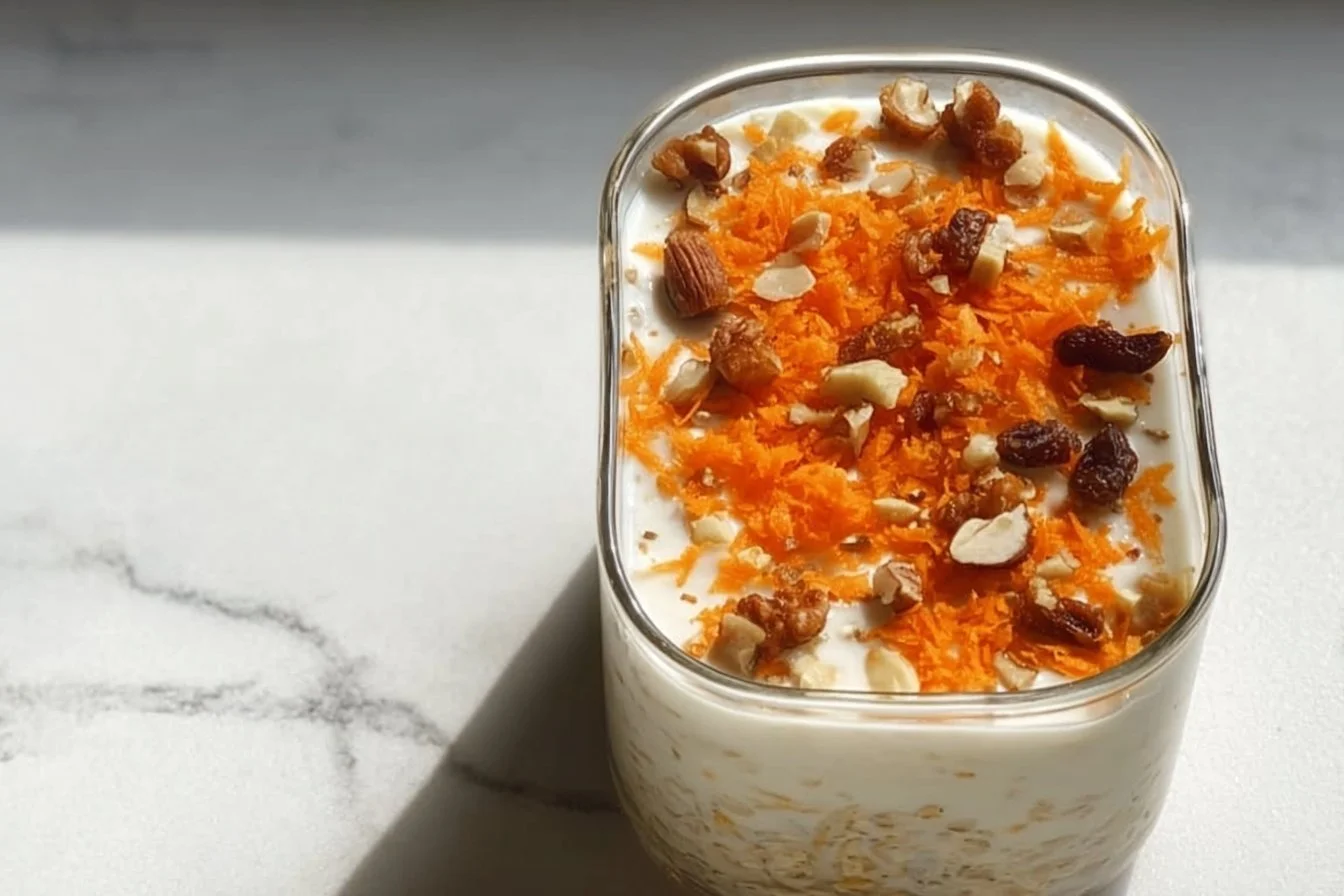 High protein carrot cake overnight oats served in a bowl with toppings.