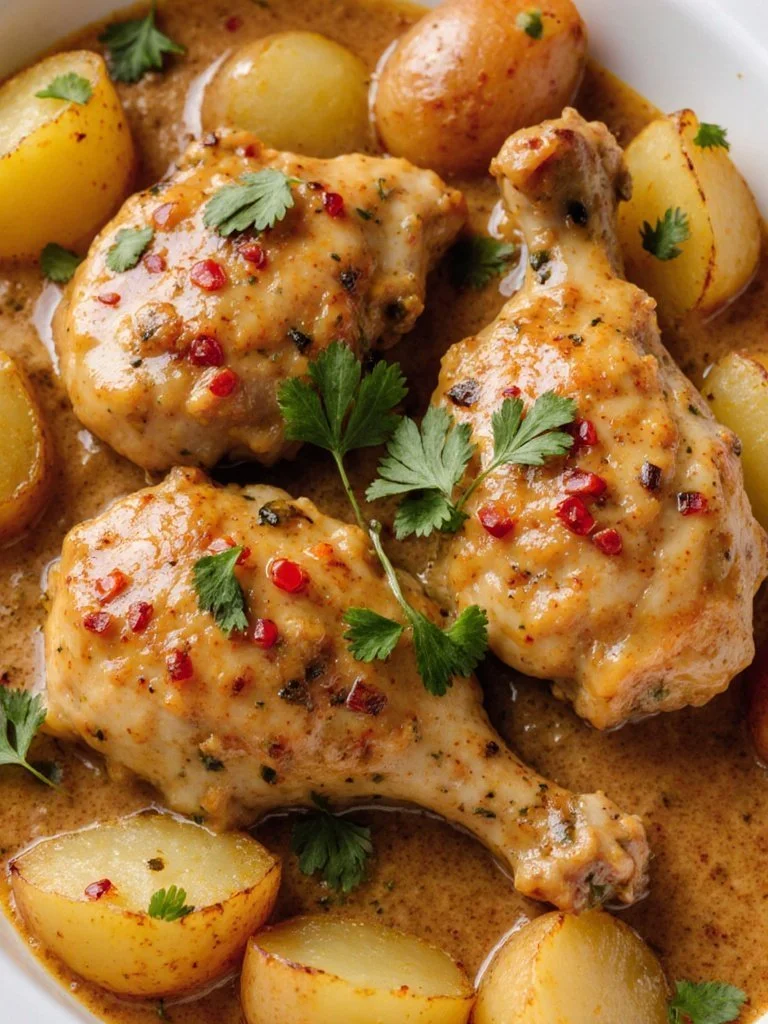 High-Protein Creamy Garlic Chicken with Cheesy Potatoes served on a plate