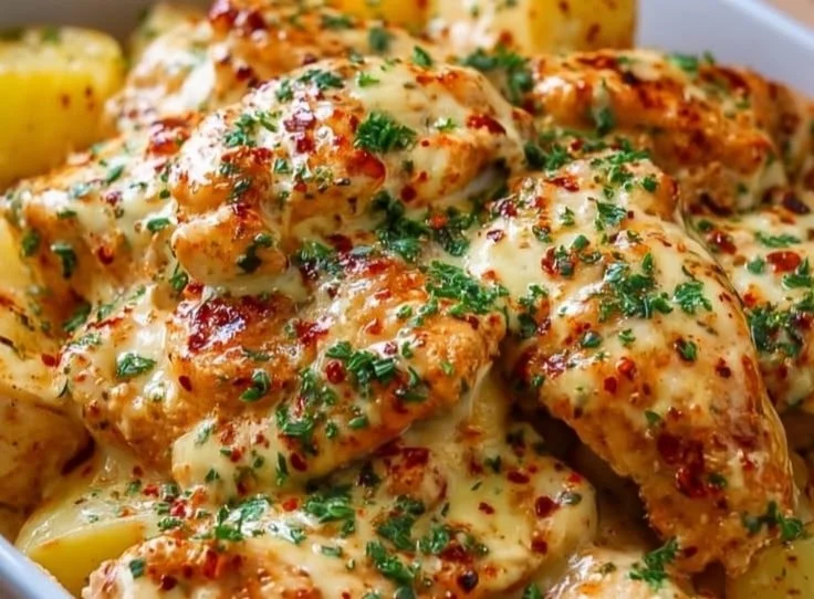 High-Protein Creamy Garlic Cheesy Chicken & Potatoes
