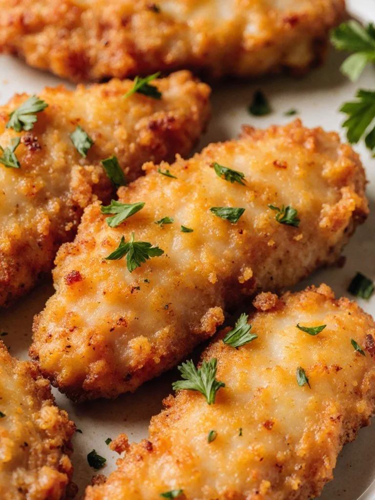 Homemade baked chicken tenders on a plate with dipping sauce