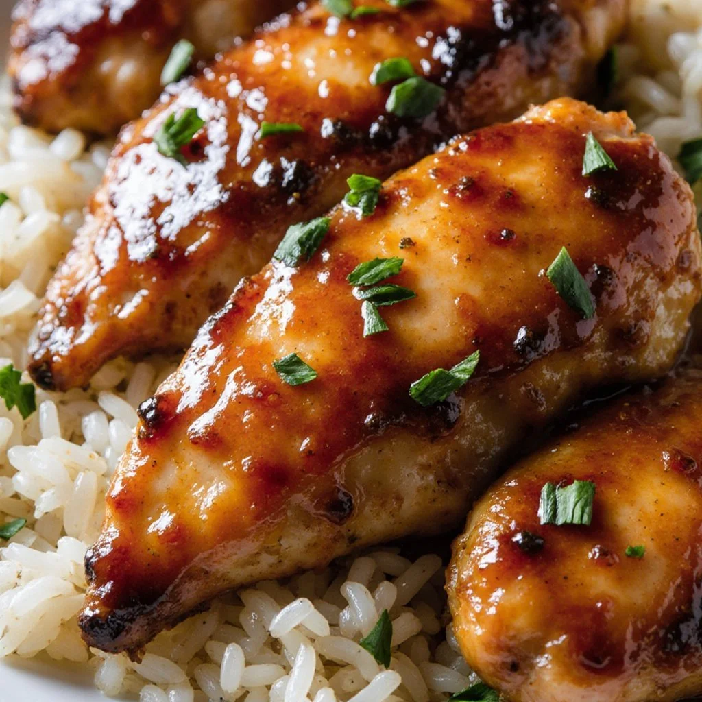 Tender Honey Garlic Chicken Breasts glazed with savory sauce.