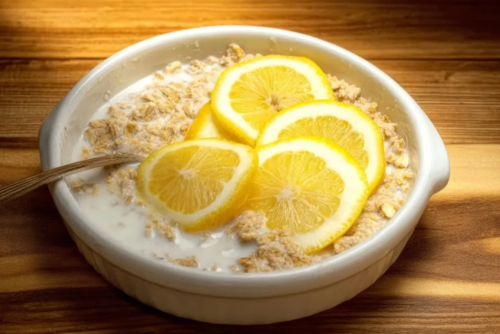 Delicious Lemon Baked Oats in a bowl, garnished with lemon slices