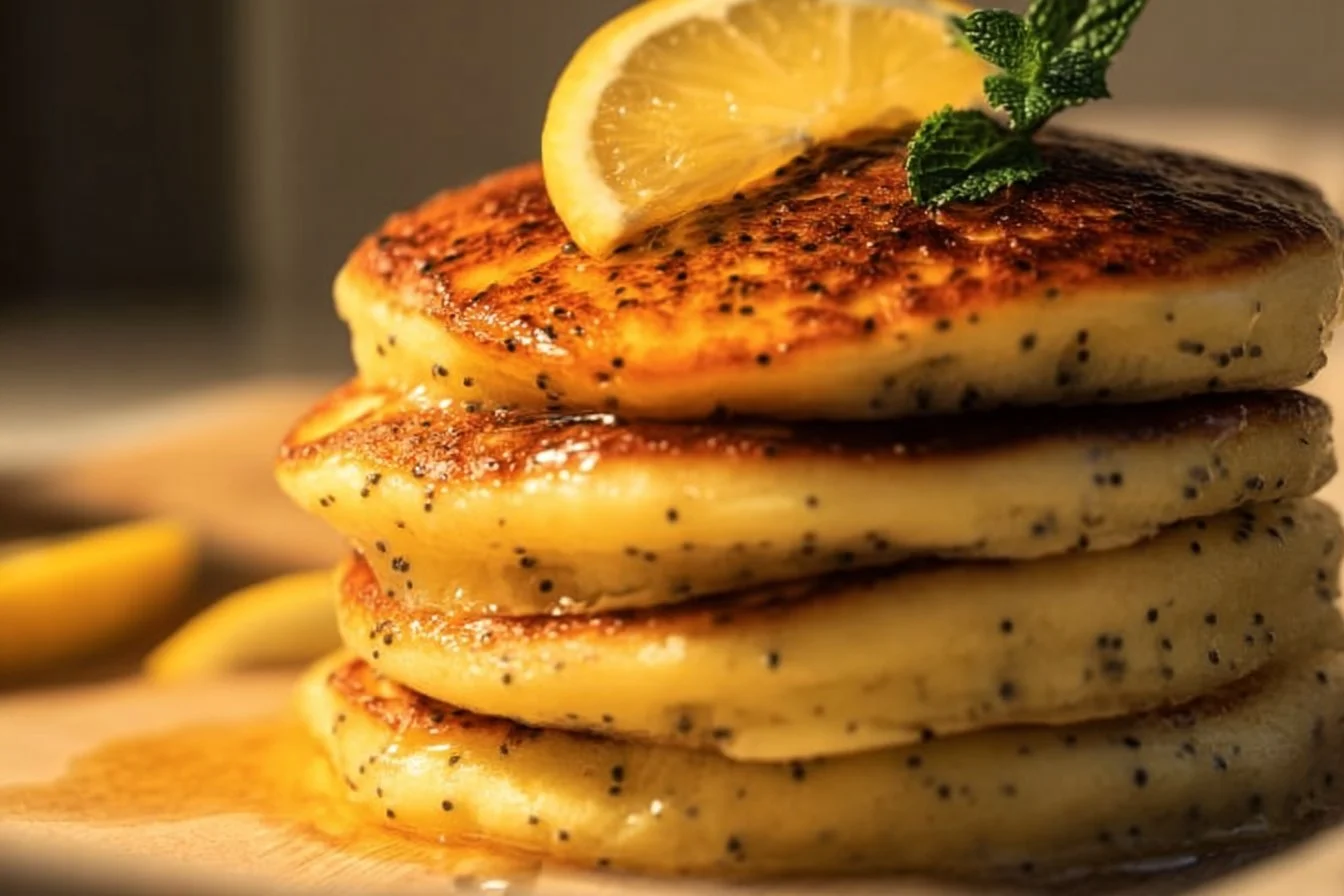 Fluffy lemon poppy seed pancakes topped with fresh lemon zest and poppy seeds
