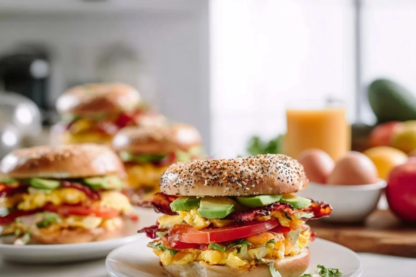 Loaded breakfast bagel sandwich with fresh ingredients and toppings