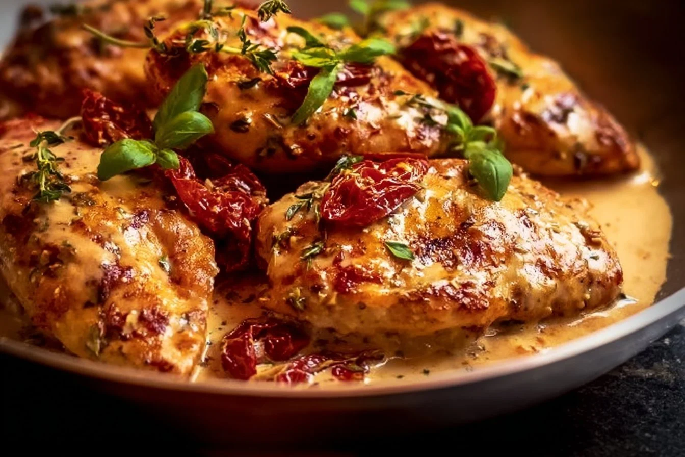Delicious Marry Me Chicken served with creamy sauce and herbs on a plate.
