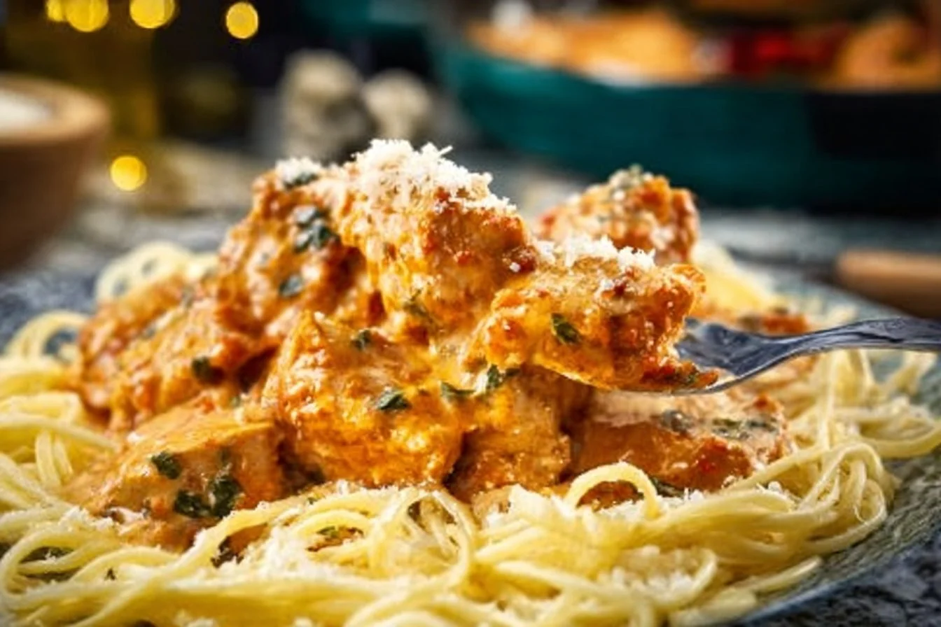 Deliciously creamy Marry Me Chicken served with pasta and herbs