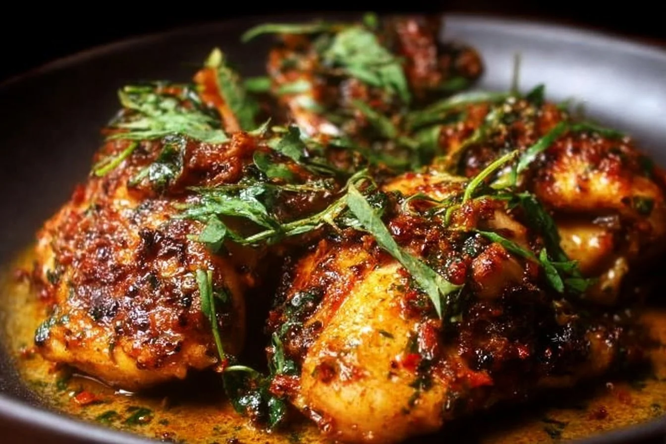 Plate of creamy Marry Me Chicken garnished with herbs.