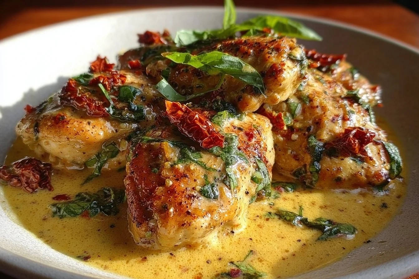 Creamy Marry Me Chicken dish served with pasta and herbs